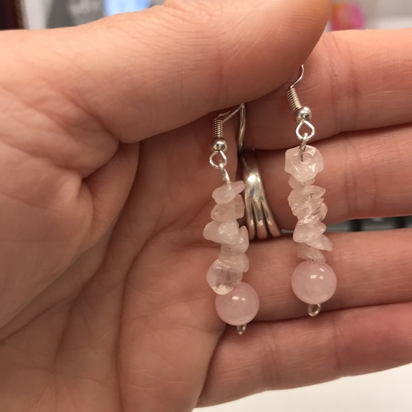 rose Quartz dangle earrings 2” natural stacked stone chip earrings - Picture 2 of 2